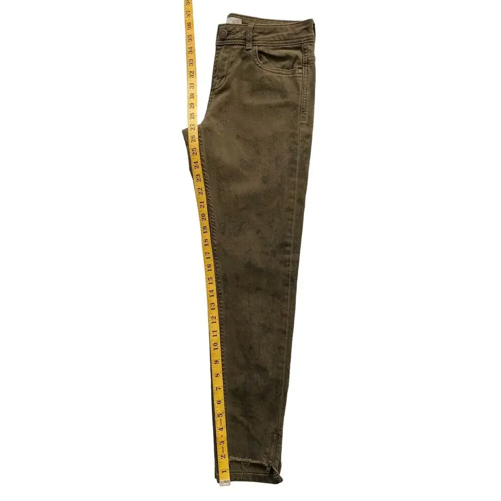ZARA Basic Z1975 Denim Size 2 Mid Rise Skinny Uneven Hem Olive Jeans Dark Marks